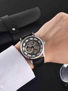 LONGLUX 1 pieza Reloj de hombre con correa impermeable, movimiento mecánico automático hueco, números romanos, regalo para ocasiones especiales - Negro - Ver 8