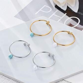 1pc Fashionable Stainless Steel 18K Plated Minimalist Personalized Freshwater Pearl & Turquoise Adjustable Ring, Versatile For Daily Wear And Holidays