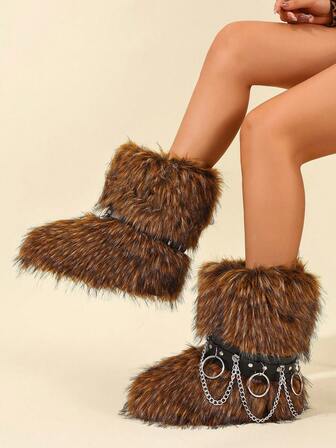 2025秋冬新款厚底雪地靴，Y2K朋克仿毛系带靴，修身系带靴