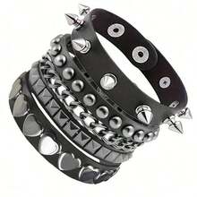 3pcs/Set Gothic Rivet Edgy Y2K Bracelet Set, Suitable For Men & Women Daily Wear, Party, Performance, Couples Bracelet, Christmas, Valentine's Day, Carnival Costume Accessories, Great For Birthday, Holiday, Anniversary Gift - 黑色 - 查看 6