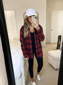 Womens Casual Plaid Flannel Shirt Long Sleeve Button-Front Collared - 紅色 - 查看 6