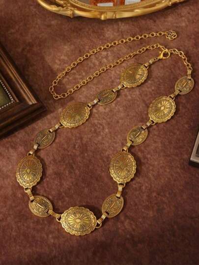 1 pieza Cadena de cintura de estilo bohemio y occidental para mujer con diseño de flor tallada y patrón geométrico, accesorio de joyería casual y de moda, regalo de Navidad