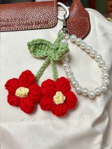 1 pieza Llavero con colgante de flor de pompón de estilo bohemio con cadena de perlas, accesorio creativo para mochila de mujer, accesorio para bolso, regalo de cumpleaños, recuerdo de fiesta