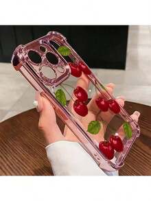 Adecuada para iPhone 16, 15, 14, 13, 12, 11, XS Plus Pro Max, esta funda de teléfono con patrón de cereza es únicamente hermosa, ofreciendo protección contra vibraciones y un agarre cómodo. Es un regalo perfecto para novios o novias. - Rosa - Ver 2