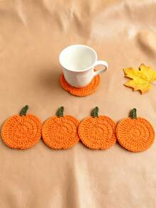 4 件套钩针南瓜杯垫、手工布艺饮料垫、秋季农舍装饰、感恩节餐桌配件、万圣节厨房礼物手工钩针万圣节南瓜杯垫、手工编织纱线、耐热杯垫、节日