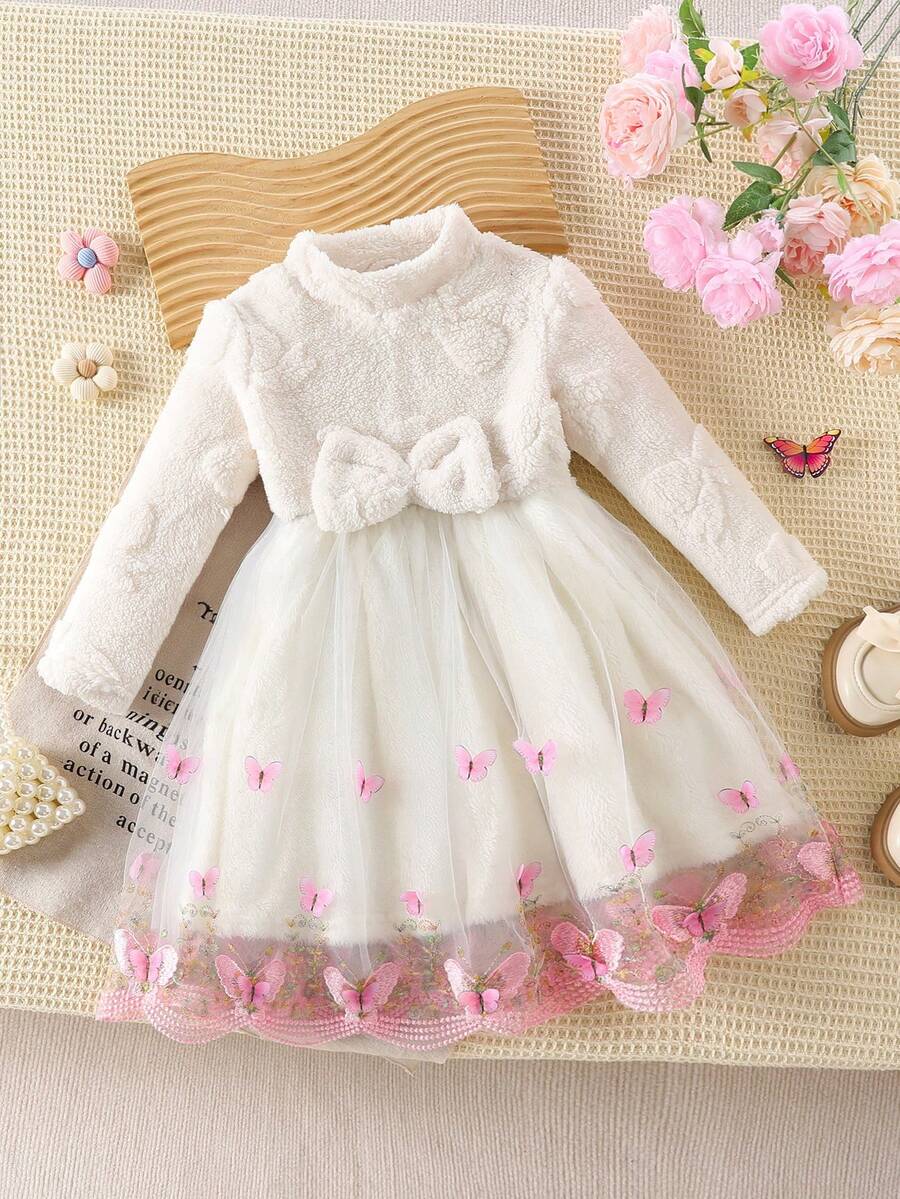 少女秋冬毛绒连衣裙2025新款时尚可爱蝴蝶结双面绒蝴蝶刺绣网布拼布及膝裙