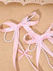 2个粉色流苏发夹，纯色丝带流苏鳄鱼夹，珍珠流苏蝴蝶结发夹，优雅珍珠流苏蝴蝶结发卡，婚礼派对蝴蝶结发夹，青少年发饰 - 粉色 - 查看 3