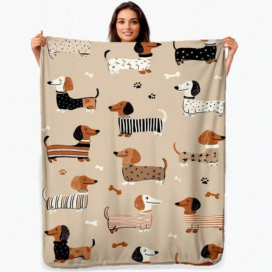 Super Soft Cute Dachshund Prints Flannel Printed 3D Blanket, As Birthday Gifts, Family, Wedding, Souvenir Blankets, Polyester Blankets Suitable For All Seasons, Washable, Machine Washable, Lightweight, Breathable, Comfortable, Warm, Unique, 280gsm For Him, Her Personalized Ideal Gifts For Her, Him, Family, Boyfriend, Girlfriend, Father, Family, Mother, Lover, Daughter, Son, Grandfather, Grandmother, Friend, Classmate, Pet.   Perfect Nap, Camping, Travel, Home, Daily Life, Office Decoration, Birthday, Anniversary, Valentine's Day, Thanksgiving, Christmas, Halloween, Mother's Day, Father's Day, Wedding, New Year Gifts ,Sofa,Bed,Car,Bedroom,Living Room,Office,  Outdoor Camping, Beach,Wall Decoration - 多色16 - 查看 1