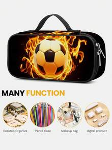 男童大容量多层铅笔盒，足球图案 - 适合学校/中学/大学/学习/办公室使用