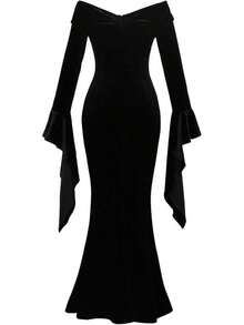 HalloweenMorticia Addams Costume Women Morticia Halloween Dress Long Sleeve Off Shoulder Maxi 1950s Dress2025 - 黑色 - 查看 10