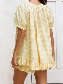 Women's Gingham Short Sleeve Ruffled Top And Elastic Waist Ruffled Shorts Summer Casual Set - Bright Yellow - View 3