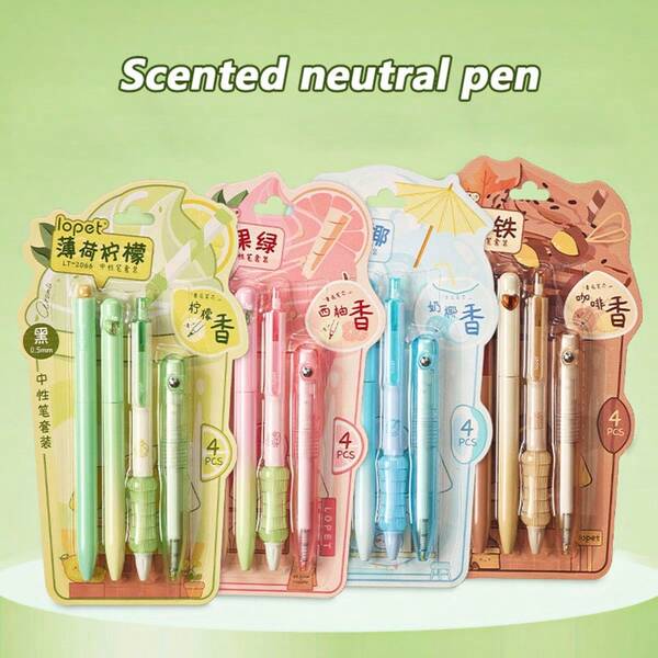 A Set Of 4 Scented Push-Button Neutral Pens, With A Fragrance Pen Refill, 0.5mm ST Pen Tip, Black Quick-Drying Ink, A High Appearance Quality Set. The Writing Is Smooth And Continuous, Suitable For Students, At Work, In The Office, Men And Women Can All Use It.