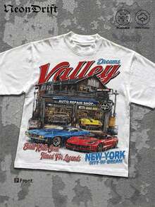 Men's Y2K "Dreams Valley" Auto Repair Shop Graphic T-Shirt Drop Shoulder Vintage Cotton Crewneck Tee 
 Style Scene Version (Emphasizing Retro Atmosphere) G48T - 深灰色 - 查看 7