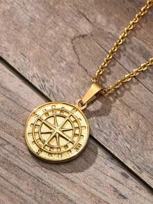 1pc 18K Gold Plated Stainless Steel Viking Compass Pendant Necklace, Metal Coin Badge Stylish Versatile Cross Chain For Men - Multicolor - View 1