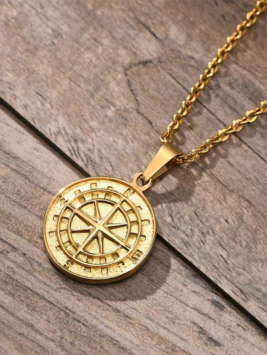 1pc 18K Gold Plated Stainless Steel Viking Compass Pendant Necklace, Metal Coin Badge Stylish Versatile Cross Chain For Men - Multicolor - View 1