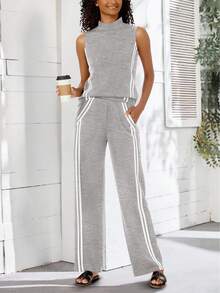 Casly Lamiit Women's 2 Piece Sets For Summer Outfits Mock Neck Tank Top Wide Leg Pants Stripes Casual Loungewear Tracksuits Chic Going Out Outfit - Màu Xám nhạt - Xem 2