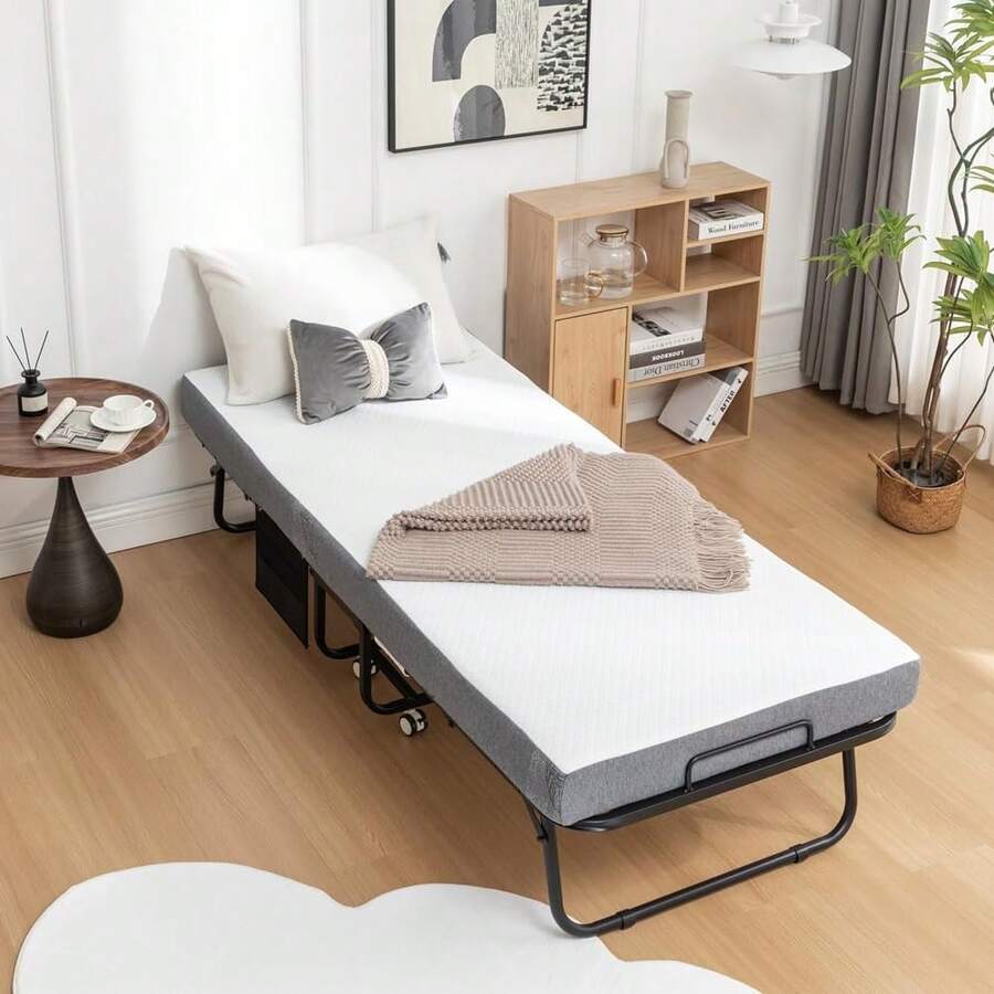 CuisinSmart Folding Bed With Mattress, Portable Foldable Bed With 5"Memory Foam Mattress And Metal Frame,Roll Away Bed Guest On Wheels With Side Storage Pocket, Space Saving, Easy Storage - Đen - 75" x 31" - Xem 1