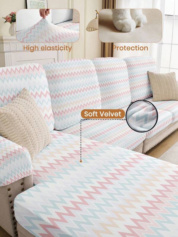 1pc Printed Sofa Cushion Cover, Stretch Soft Couch Covers For Sofa, Velvet Sofa Cover, Modern Geometric Zigzag Print Cushion Case, Washable Non-Skid Sofa Skidcover Furniture Protector, Dust-Proof And Anti-Scratch Decorative Protective Cover, Pet Proof Fabric, Fits For L-Shaped, 1/2/3/4 Seat Couch, Use In Living Room/Bedroom/Office For All Season, Winter Decor, Room Decor, Year-End , Holiday Season