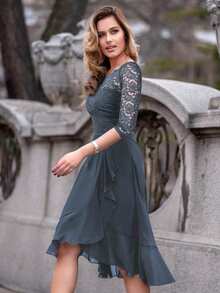 MIUSOL Floral Lace Boat Neck Half Sleeve Chiffon Ruffle Hem Prom Party Swing Dress, A-Line Dress, Offer Shoulder Dress, Wedding Guest Dress, Spring Dress, Mother's Day Dress - Grey - View 7