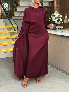 Đầm maxi dáng đuôi cá sang trọng, tay dài bằng satin, phối vạt trước xếp ly, màu đỏ tía, thích hợp cho tiệc cưới, tiệc tối của Unadoll dành cho nữ, mùa xuân hè. - Màu Đỏ Sâu - Xem 7