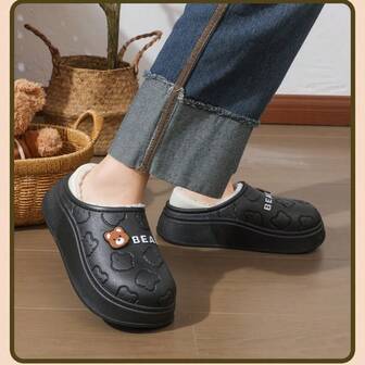 Women's Letter & Cartoon Bear Thick Bottom Thermal Lined Casual House Slippers