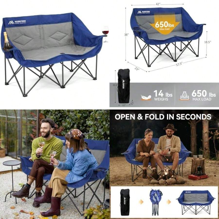 2 Person Camping Chair Oversized Loveseat Camping Chair Double Camping Chairs For Adults Heavy Duty Camping Couch Black Outdoor Folding Chair Portable Patio Lawn Chair(Blue Non-Heating) - Type1 - View 1