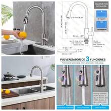 Grifo de cocina de nquel cepillado con rociador extrable, acero inoxidable 304, diseo de manguera extendida de 23 pulgadas, tres modos de funcionamiento del agua - Niquel cepillado - Ver 1