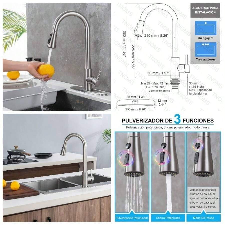 Grifo de cocina de nquel cepillado con rociador extrable, acero inoxidable 304, diseo de manguera extendida de 23 pulgadas, tres modos de funcionamiento del agua - Niquel cepillado - Ver 1