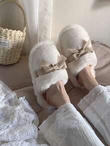 XIXITIAO 畅销女士蝴蝶结拖鞋，柔软厚底，毛茸茸的，少女感十足，适合居家、办公穿着，粉色，秋冬季舒适家居鞋 - 白色 - 查看 4