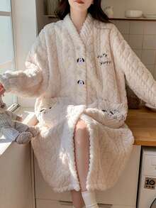 1Pc Women's Cozy Coral Fleece Hooded Robe - Warm And Soft Lounge Dress With Pockets, Machine Washable - Perfect For Fall And Winter - Multicolor - View 5