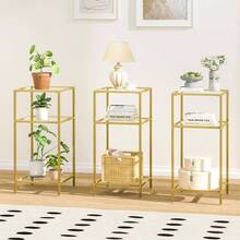 3 - Tier Side Tables Set Of 2, End Tables With Tempered Glass, Nightstands With Storage Shelves, Slim Sofa Tables Living Room, Bedroom 2, Golden - Vàng - Xem 3