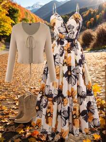 大码针织开衫+印花吊带连衣裙两件套，休闲度假装 - 彩色 - 查看 11