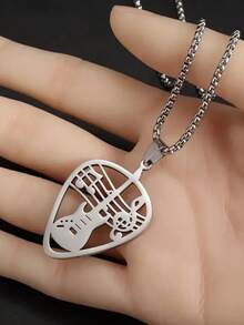 SeuSuk 1pc Stainless Steel Music Guitar Plectrum Note Pendant Necklace, Unisex Hip Hop Rock Party Jewelry Gift