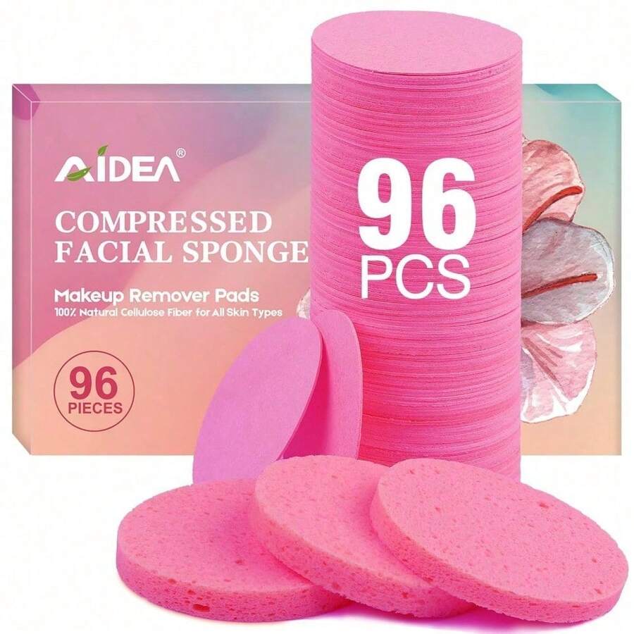 96 Count Compressed Facial Sponges Pink Round Natural Cellulose Gentle Exfoliating Soft Makeup Remover Reusable For Women Spa Travel Gym Daily Beauty Routine Skincare Essentials - Pink - View 1