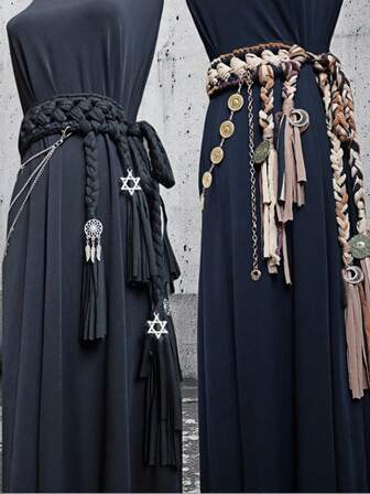 Vintage Boho Women's Hand - Woven Belt With Colorful Tassels & Unique Metal Pendants, 1 - Piece Bohemian Waist Belt For Stylish Outfits