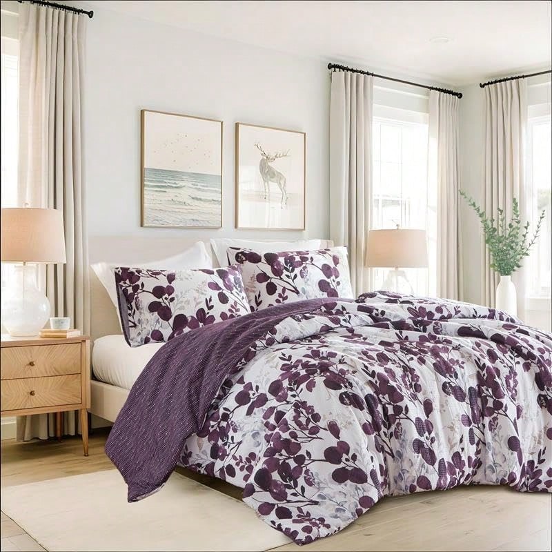 Lightweight Seersucker Botanical King Size Comforter Set, Reversible Design Bed Comforter, Premiuicrofiber Bedding Set, Comforter And Shams Set, Purple,24191360 - Grayish Purple - 查看 1