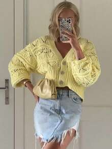 Cárdigan de mujer con cuello en V, manga larga, de tela semitransparente con estiramiento medio, suéter de punto trenzado de longitud regular