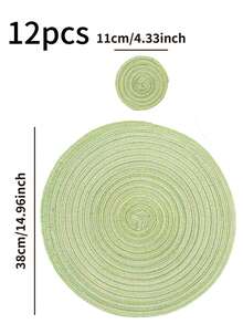 1/4/6/12pcs Bohemian Style Woven Placemats, Round Solid Color Dining Table Mats For Kitchen, Bowls, Cups, Suitable For Holidays, Parties, Birthdays, Vintage, Countryside, Outdoor, Home Decor, All Seasons - Green - View 12