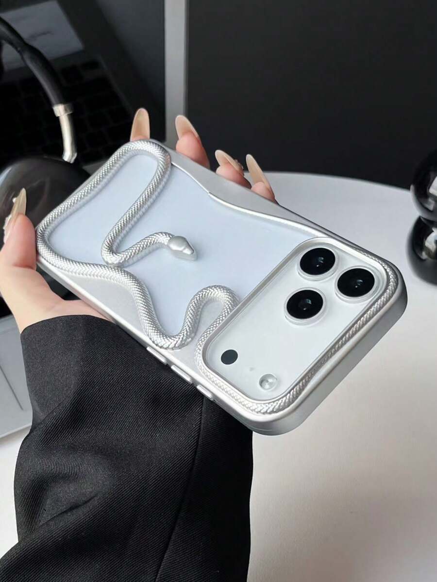 New Fashionable Hollow Electroplated Snake Design Phone Case, Compatible With Apple 11/12/13/14/15/16/17 Pro/Pro Max, Galaxy S22/23/24/25 Ultra, Stylish And Protective Full Coverage Anti-Fall Phone Cover - Silver - View 1