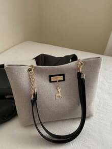 女士大容量手提包，别致链条单肩包，新款时尚腋下包，复古亚麻托特包 - 彩色 - 查看 14