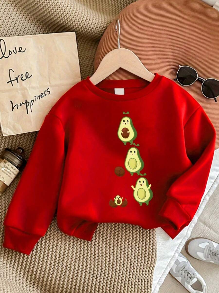 KID004Avocado Print Baby Girls Pullover Round Neck Long Sleeve Sweatshirt Loose Casual Top For Autumn Winter - Rojo - Ver 1
