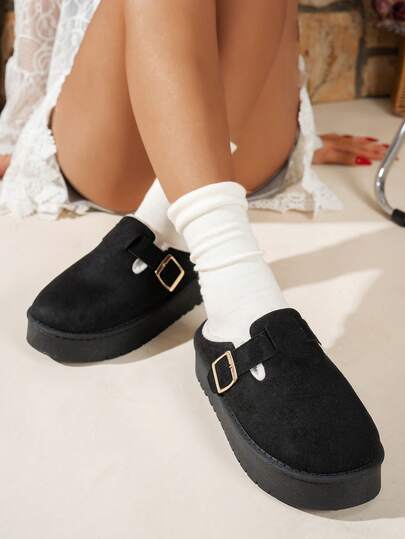 Dép bệt đế dày mũi tròn; Giày lười rộng rãi; Giày bệt; Giày xỏ; Giày bốt bệt, Bốt đế dày, Dép đi trong nhà ấm áp tối giản màu trơn thời trang, Dép đế dày, Dép bệt, Giày bốt