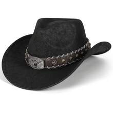 Sombrero unisex bohemio de vaquero - Sombrero vaquero vintage occidental con decoración de cabeza de ganado y cinturón, Panamá de fieltro suave hecho a mano, ala ancha, retro para fiestas