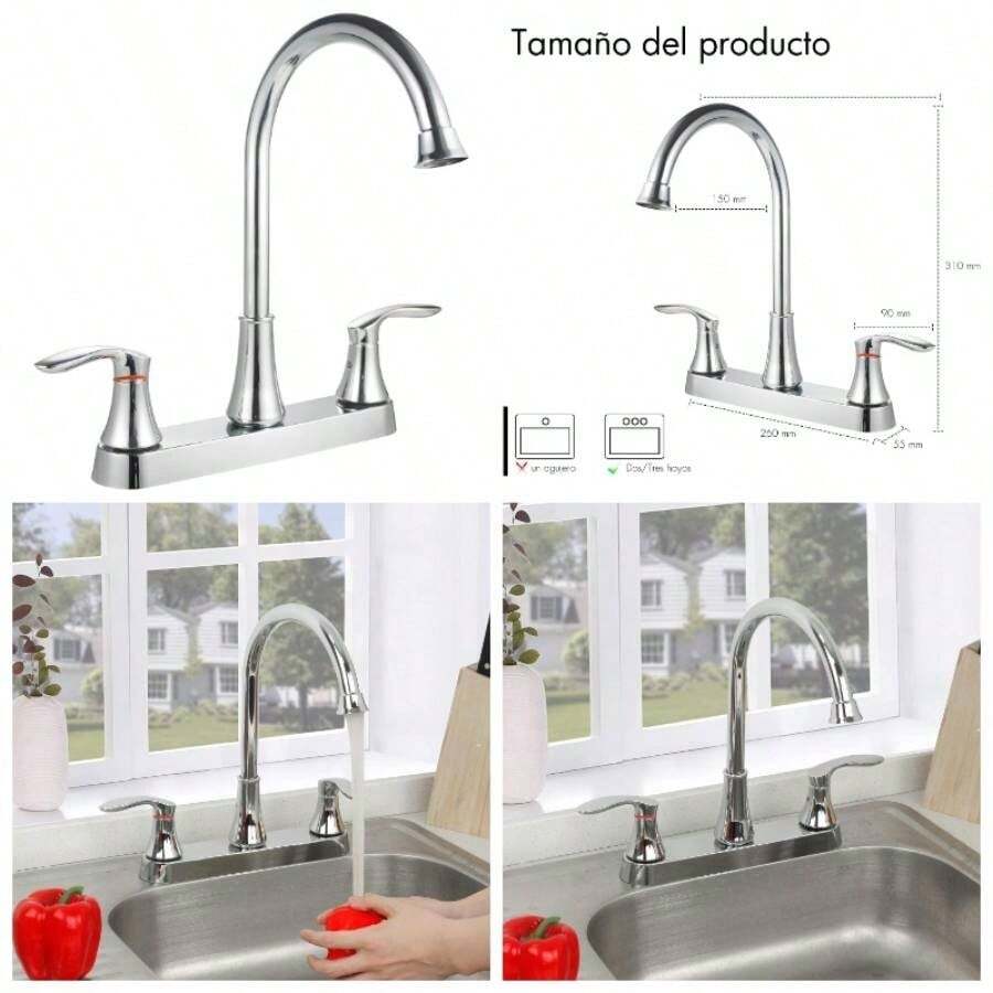 Mezcladora para Fregadero, Llaves para Fregadero de Cocina, Grifo de Cocina con Dos Asas, Grifo de Cuerpo Principal de Latn, Llave para Fregadero de Acero Inoxidable, Acabado Cromo Espejo, SP - 80008 - Cromo Espejo 1 - Ver 1