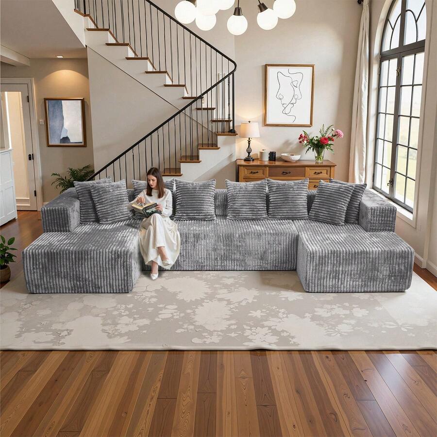 132'' U-Shape Modular Cloud Corduroy Sofa - Modern And Suitable For Living Room, Comfortable,Living Room Combination Sofa,No Assembly Needed,Popular Boneless Sectional Couch Loveseat Couch Vacuum-Sealed Compression Sofa - Màu Xám nhạt - Xem 1
