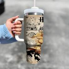 Harry Potter 40盎司不锈钢水瓶，带手柄和吸管，印有哈利波特猫头鹰标志，便携式保温杯，适合户外旅行（带吸管）| 1件 - 彩色 - 查看 5