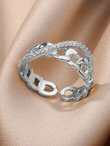 1 Pc Vintage Cubic Zirconia Cuban Chain Ring For Women Gold Color Stainless Steel Geometric Ring Wedding Engagement Party Jewelry Christmas Gift