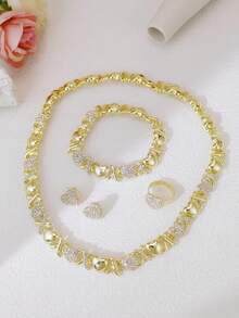 4pcs Fashionable Women's Yellow XOXO Love Hug Plated Gold Pendant Necklace Earrings Jewelry Set, Ideal For , Dubai, Africa, Europe And America Parties, Weddings And Festivals Gifts - 心 - 查看 1