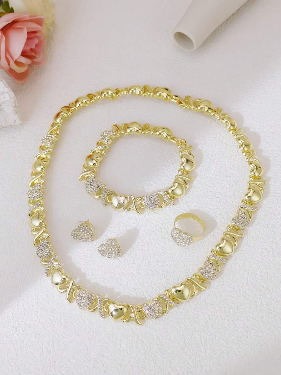 4pcs Fashionable Women's Yellow XOXO Love Hug Plated Gold Pendant Necklace Earrings Jewelry Set, Ideal For , Dubai, Africa, Europe And America Parties, Weddings And Festivals Gifts - 心 - 查看 1