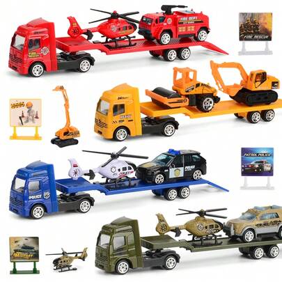 NEUSNEY 1:64 Scale Mini Trailer Children's Toy Set, Inertial Sliding Vehicle Model, 4pcs Construction Truck Playset, Educational Simulation Game, Gift For Boys & Girls, Halloween & Christmas